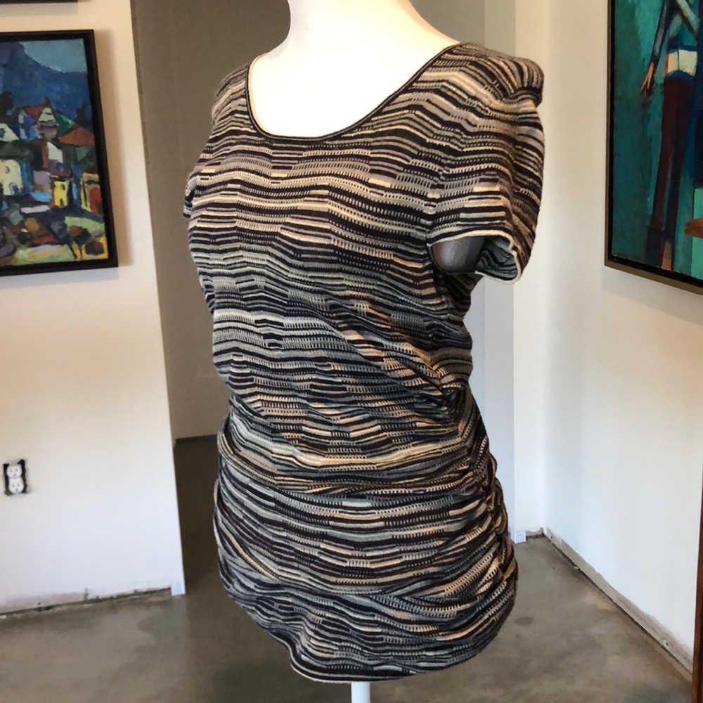 Saks BlackLabel Cashmere Blend Side Ruched Short Sleeve Sweater Navy/Grey/white